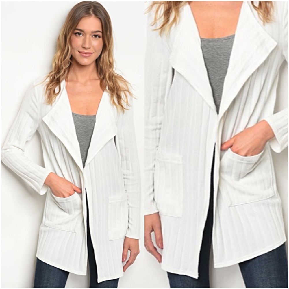 Chic White Cardigan Sweater Pockets SMLXL